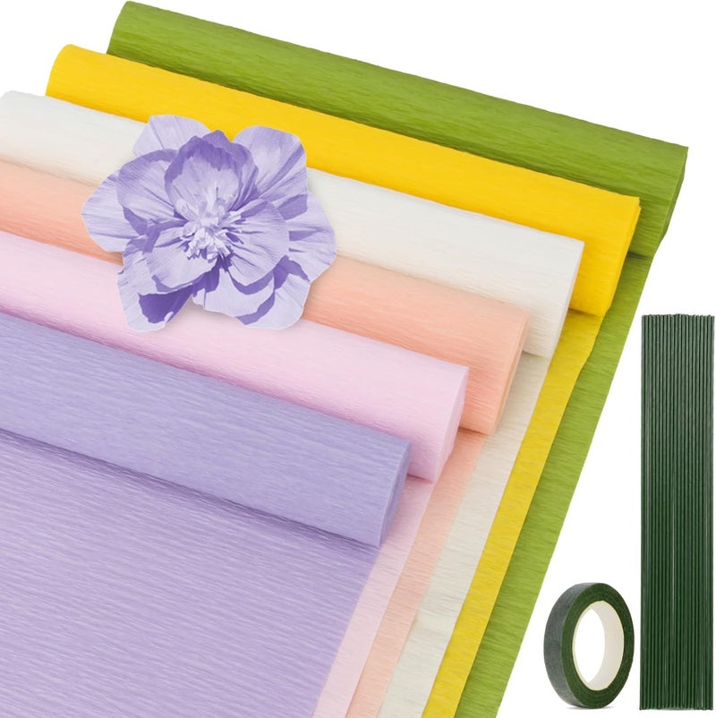 Rainflow 8 PCS Crepe Paper Flower Kit - 6 Crepe Paper Rolls with Floral Tape and Floral Wire, Paper Streamers Crepes Papers Sheets for Flower Making DIY Crafts Birthday Party Decor Christmas - Image 1